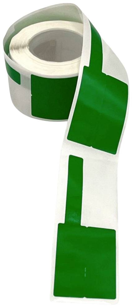 Eine Rolle mit grünen RFID-Etiketten, die entrollt gezeigt wird. Die Etiketten sind rechteckig und gleichmäßig auf der weißen Rolle verteilt.