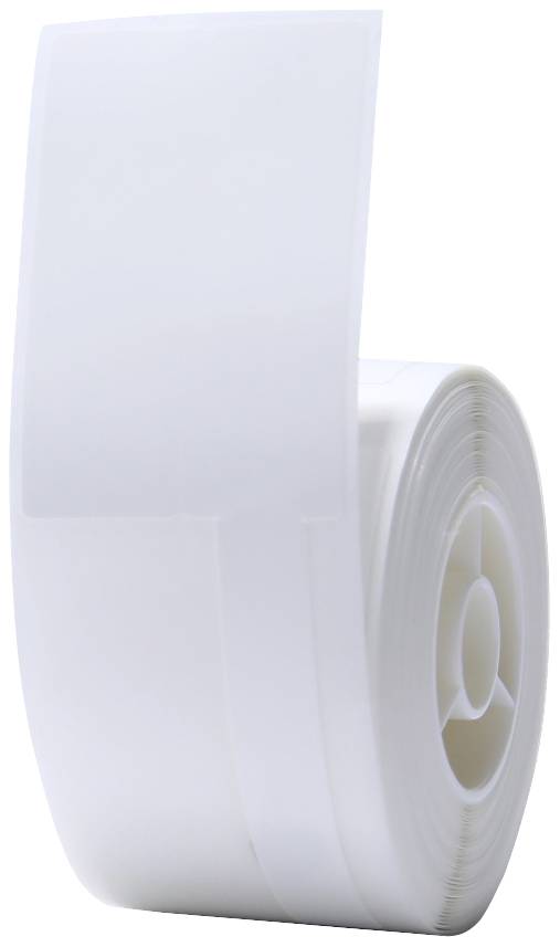 Eine Rolle mit weißem Klebeetikettenband, vertikal aufgestellt.