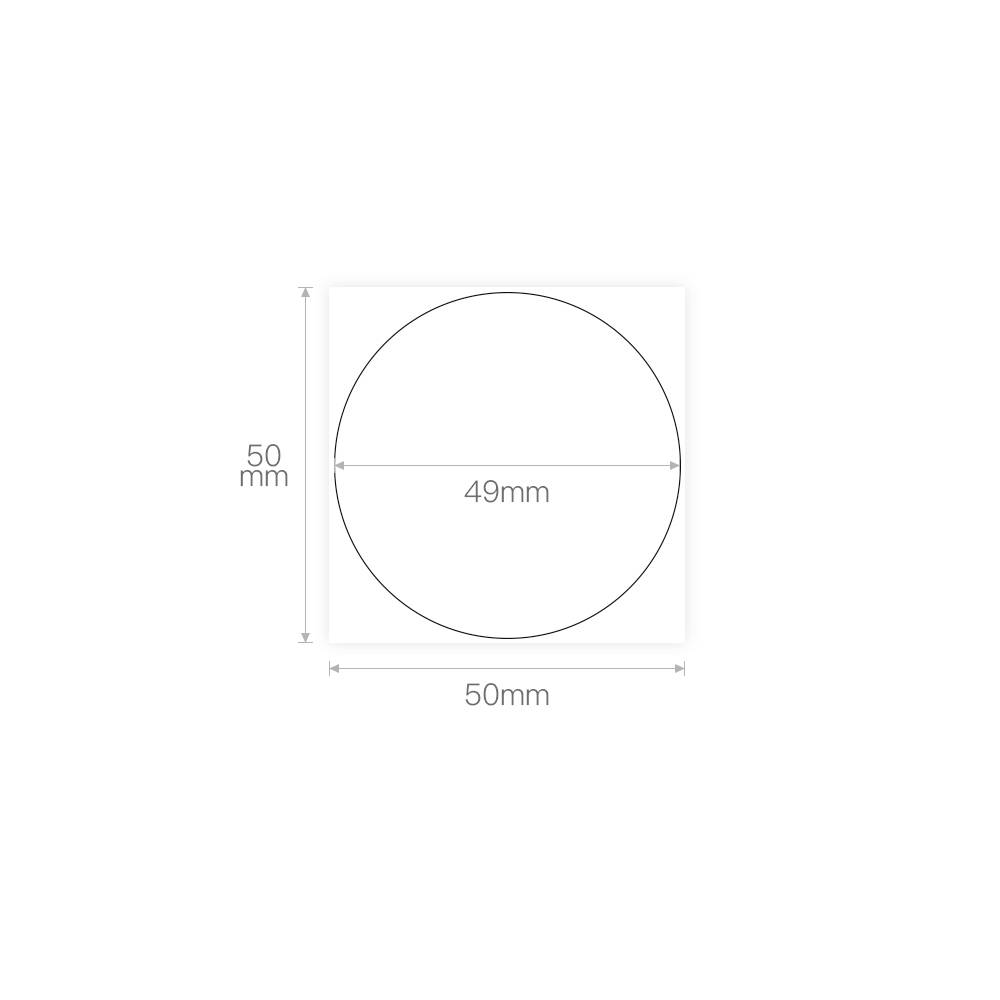 Kreis mit einem Durchmesser von 49 mm innerhalb eines Quadrats von 50 mm x 50 mm. Abmessungen links und oben angegeben.