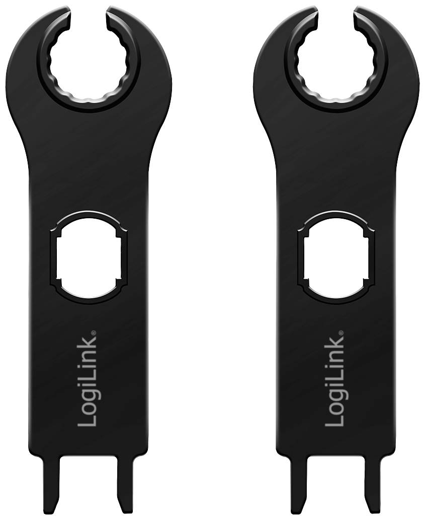 Zwei schwarze Fahrradschlüssel mit der Aufschrift 'LogiLink', geeignet zum Ein- oder Ausbau von Tretlagern an Fahrrädern.