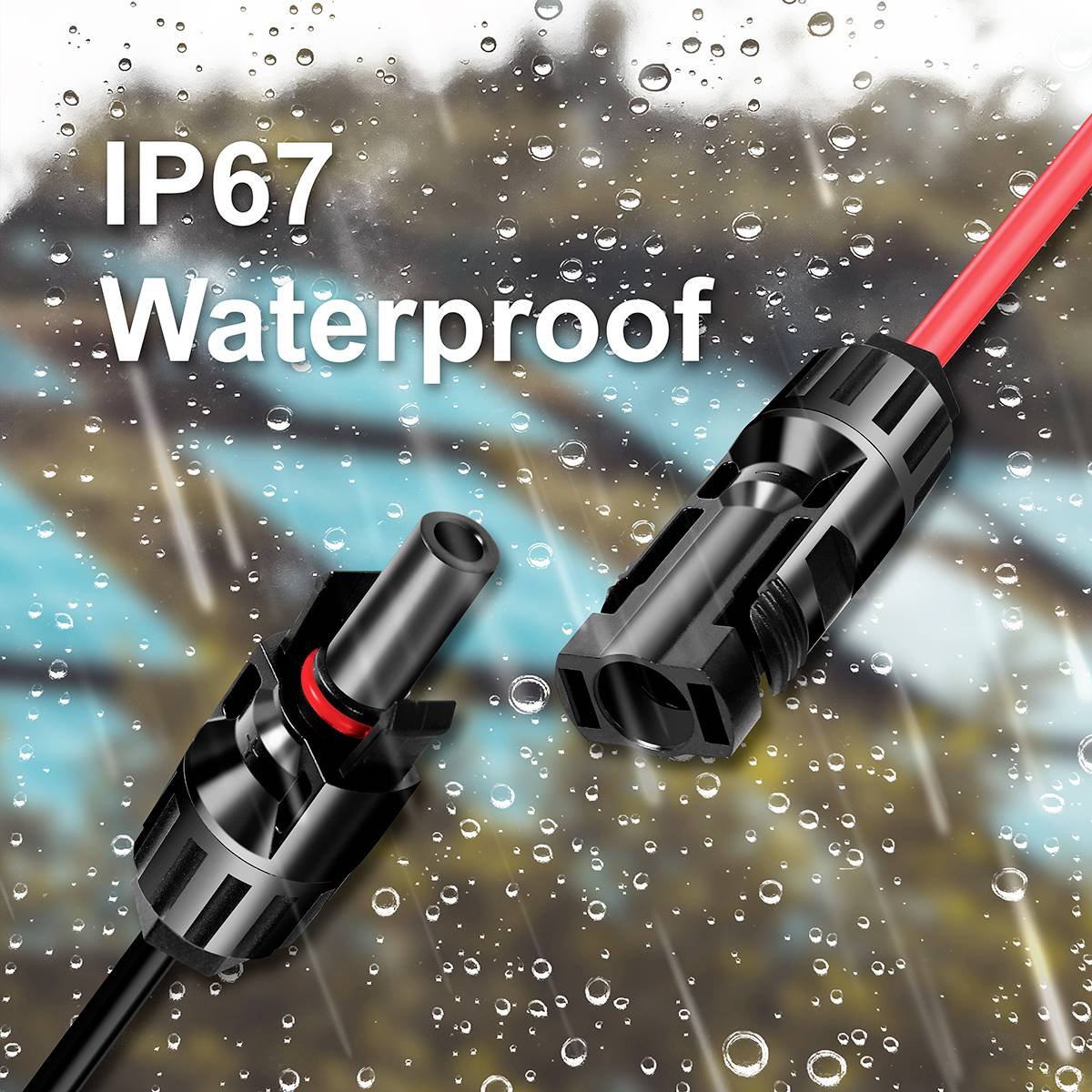 Steckverbindungen mit schwarzem Gehäuse im Regen, Text: 'IP67 Waterproof', symbolisieren Wasserdichtigkeit.