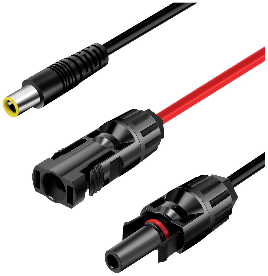Ein schwarzes und rotes Kabel mit Steckverbindungen. Oben links ein Rundstecker, unten MC4-Stecker und Buchse, schwarz.