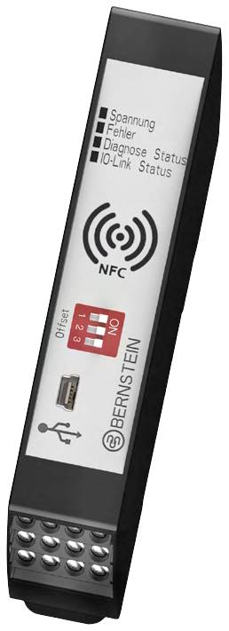 Elektronisches Gerät mit NFC-Funktion, Anzeigeleuchten für Spannung, Fehler, Diagnose- und IO-Link-Status, USB-Anschluss.