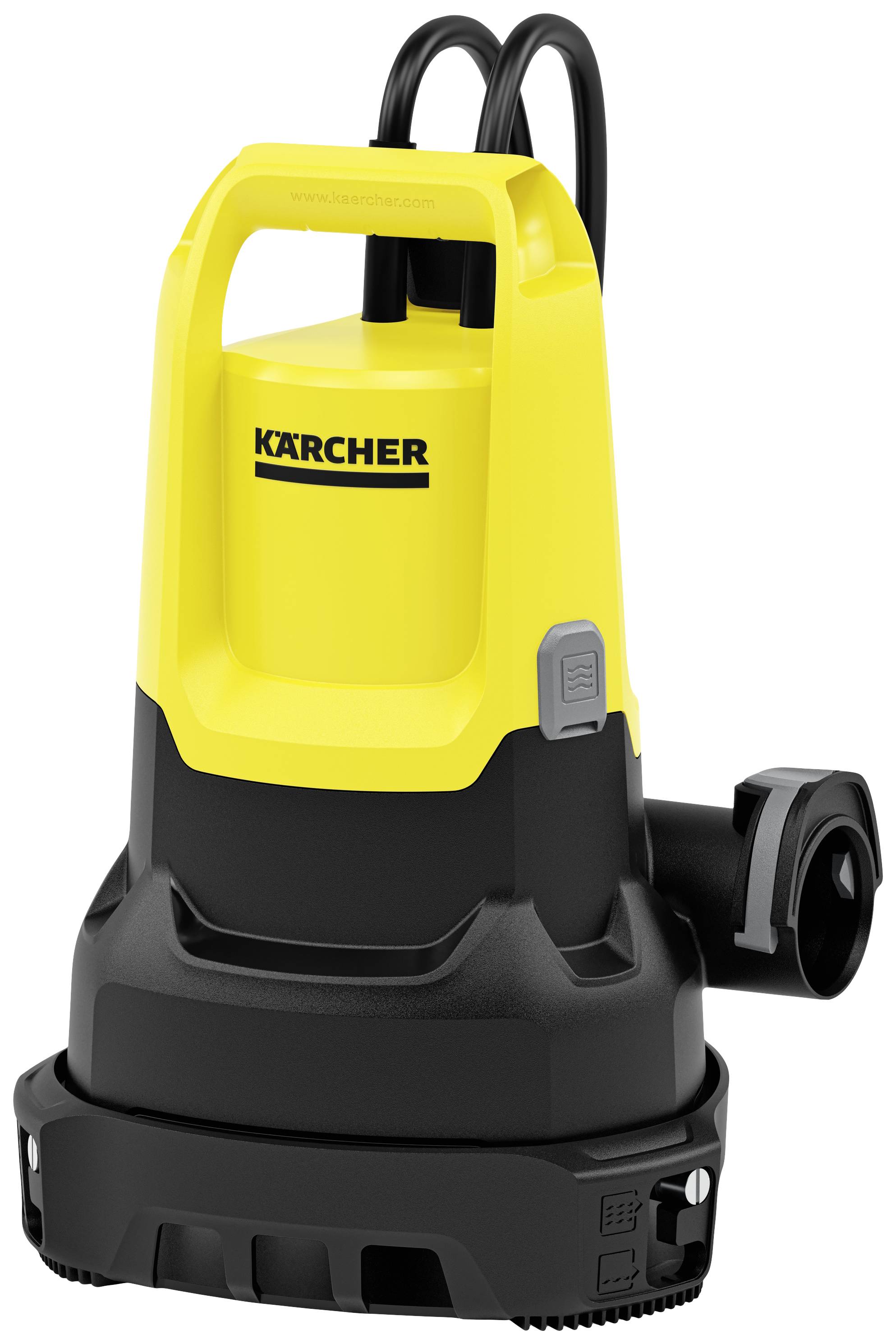 Gelbe Wasserpumpe mit schwarzem Sockel, Griff oben, und der Marke ‘Kärcher’ schriftlich darauf.