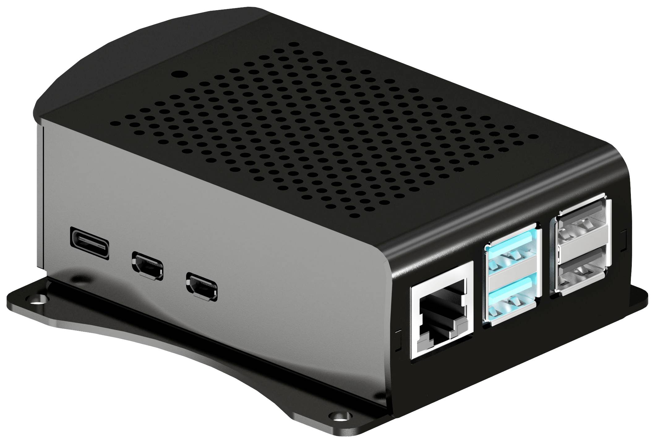 Ein kleiner Computer mit schwarzem Gehäuse, mehreren USB-Anschlüssen und einem Ethernet-Anschluss, geeignet für DIY-Technikprojekte.