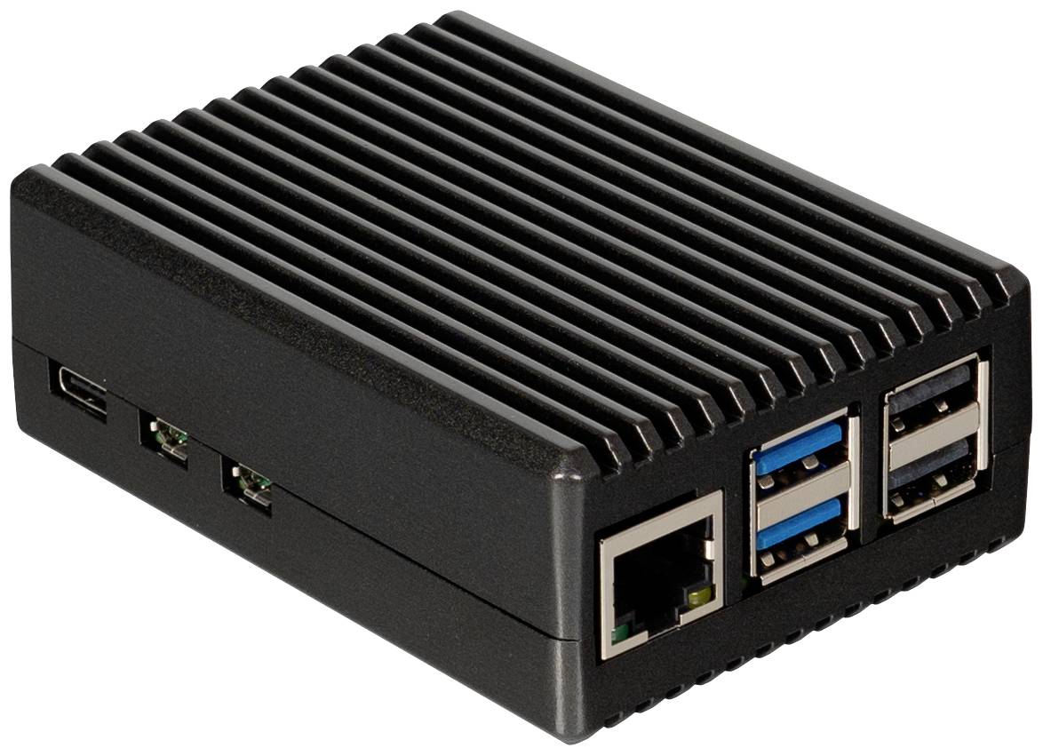 Ein schwarzer Einplatinencomputer mit mehreren USB-Anschlüssen, einem Ethernet-Anschluss und einem kühlenden Rippendesign seitlich.