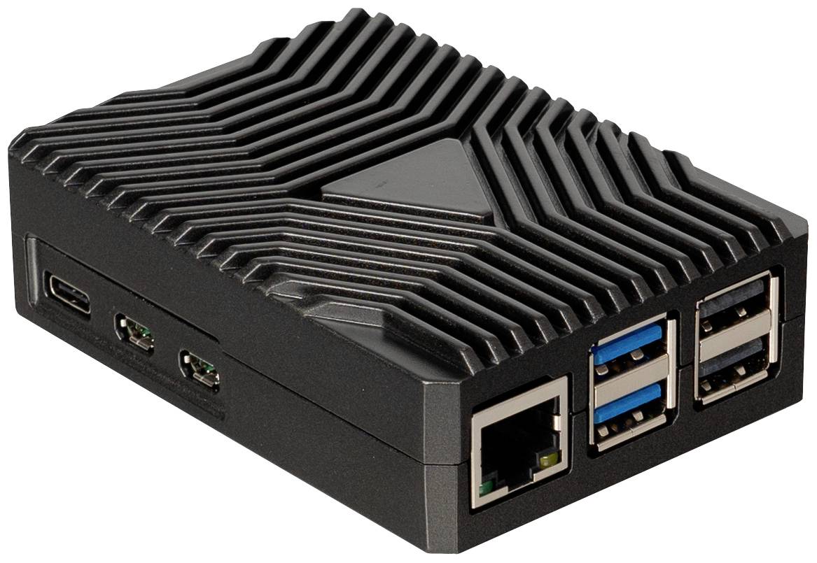 Ein schwarzes, geripptes, rechteckiges Computergehäuse zeigt mehrere USB-Anschlüsse, Ethernet-Anschluss und HDMI-Anschluss.