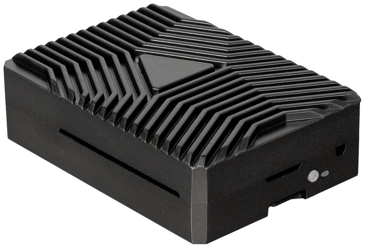Ein schwarzes, rechteckiges Gerät mit strukturiertem Design, das möglicherweise Kühlrippen aufweist. Könnte ein elektronisches Gerät sein.