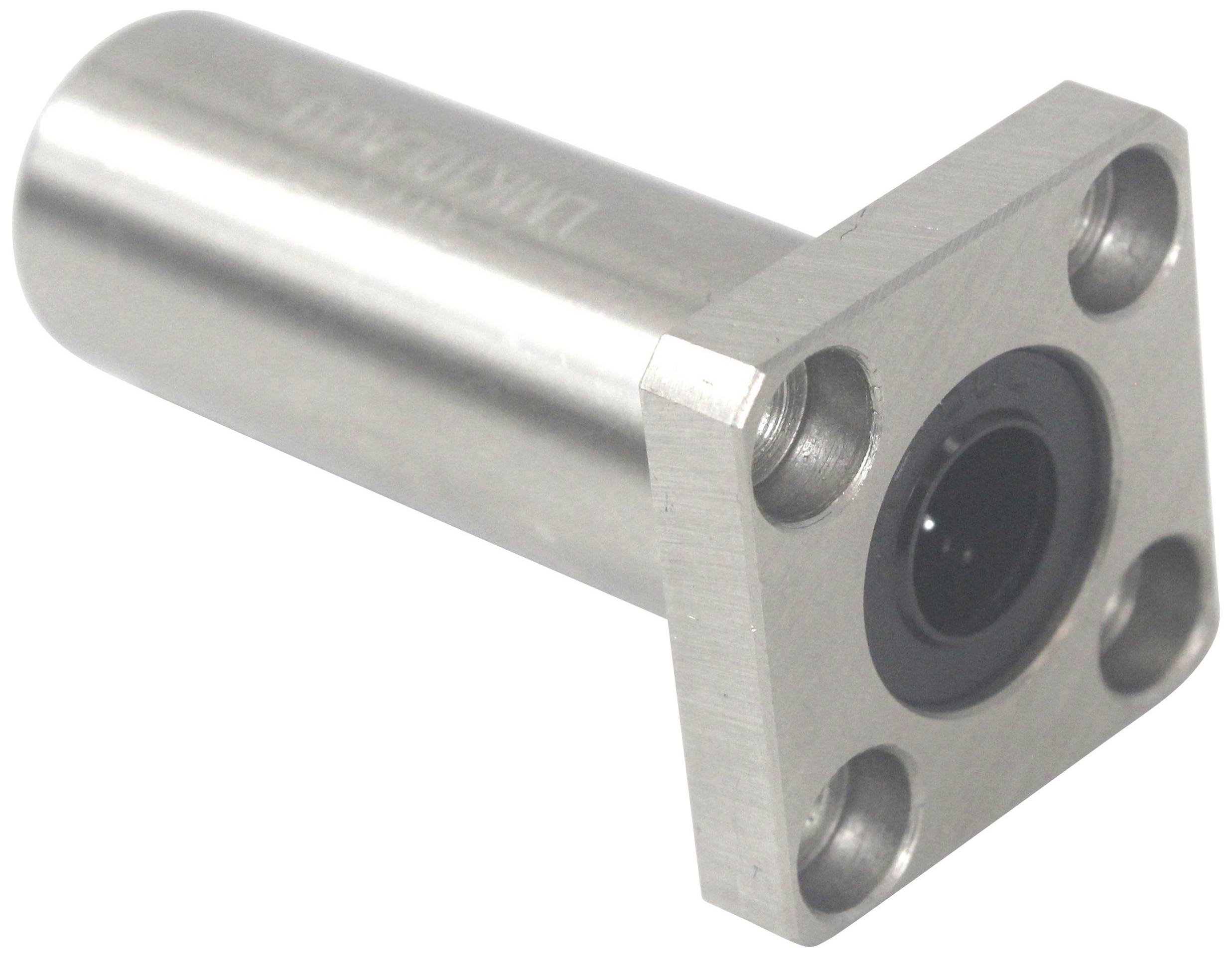 Ein zylindrisches Metallbauteil mit quadratischer Flanschplatte und vier Bohrungen, vermutlich zur Befestigung in einem mechanischen System.