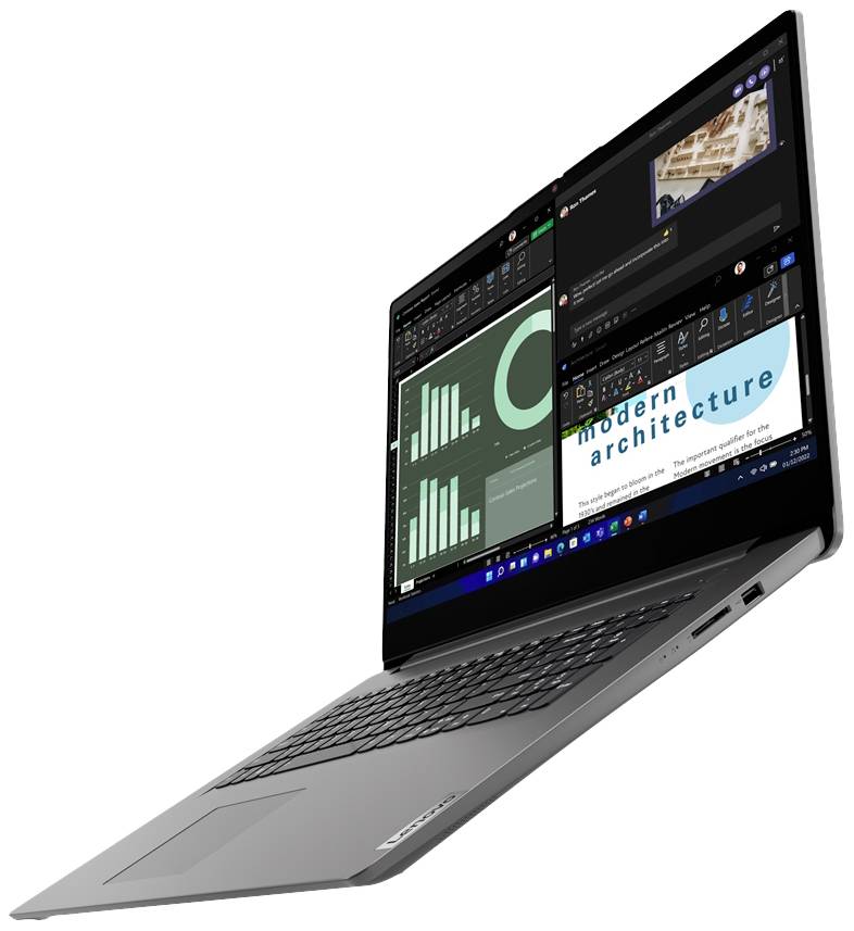 Ein Laptop mit geöffnetem Bildschirm zeigt mehrere Fenster mit Grafiken und Text. Der Bildschirm ist geteilt zwischen einer Präsentation und einem Diagramm.