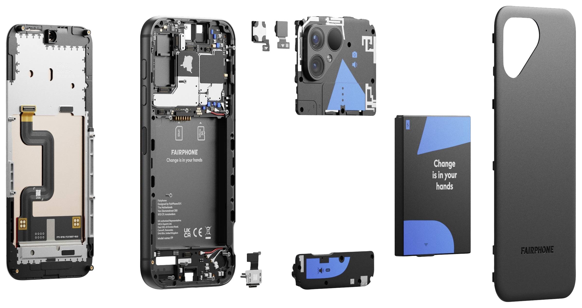 Ein modular aufgebautes Smartphone zeigt seine inneren Teile: Bildschirm, Hauptplatine, Kamera, Akku und Gehäuse. Verpackung mit Slogan 'Change is in your hands'.