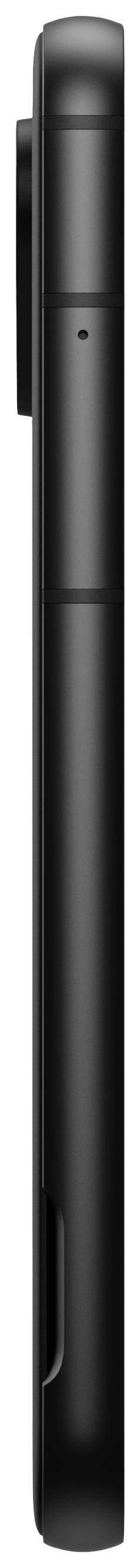 Seitenansicht eines modernen schwarzen Smartphones mit Kameramodul oben links.