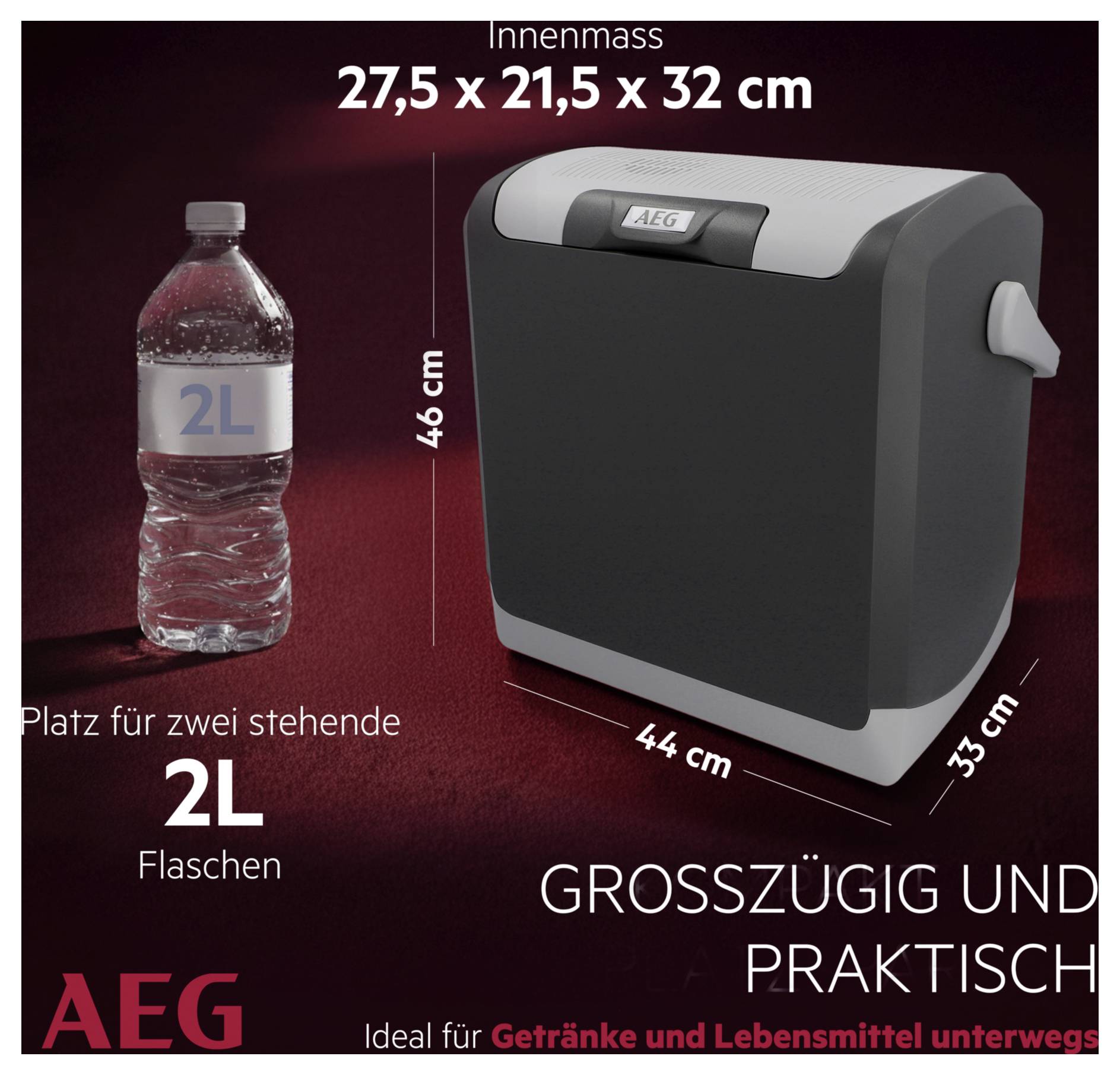 Eine tragbare AEG-Kühlbox, geeignet für Getränke und Lebensmittel unterwegs, bietet Platz für zwei 2-Liter-Flaschen im Stehen. Abmessungen: 27,5 × 21,5 × 32 cm.