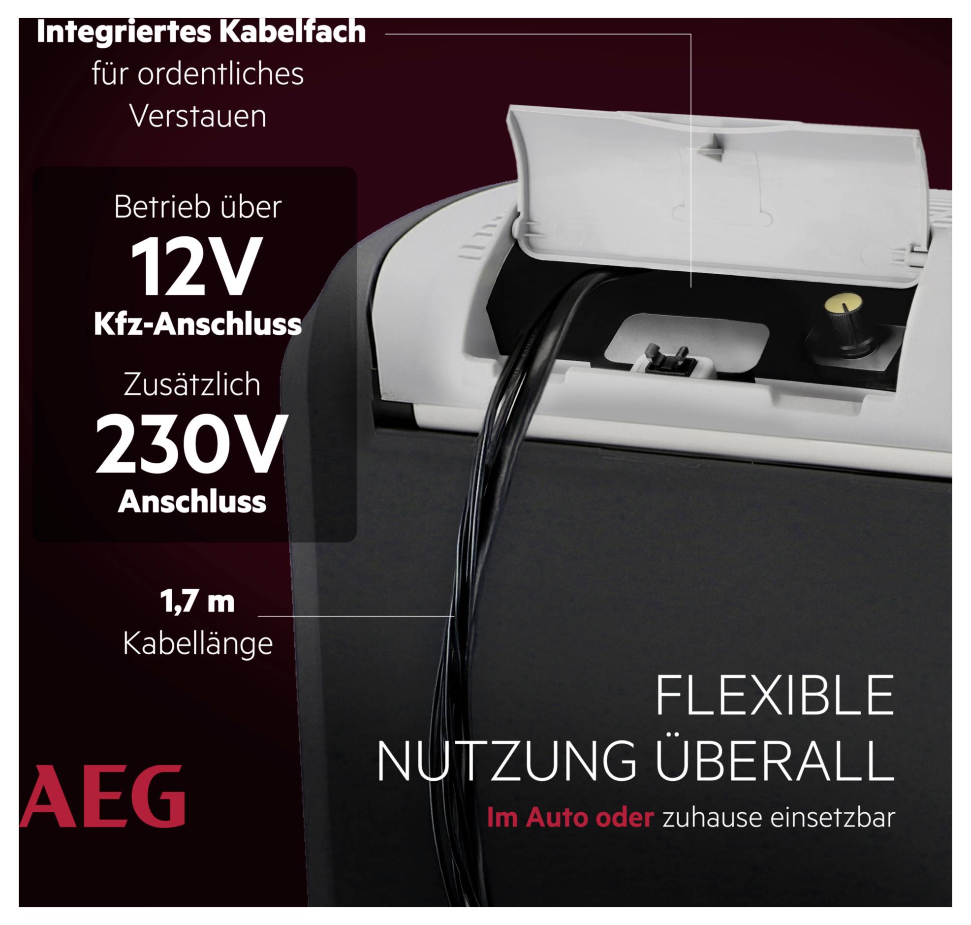 AEG-Produkt mit integriertem Kabelfach. Stromversorgung über 12V-Bordsteckdose oder 230V-Zusatzanschluss. Kabellänge: 1,7m. Flexible Nutzung im Auto oder zu Hause.