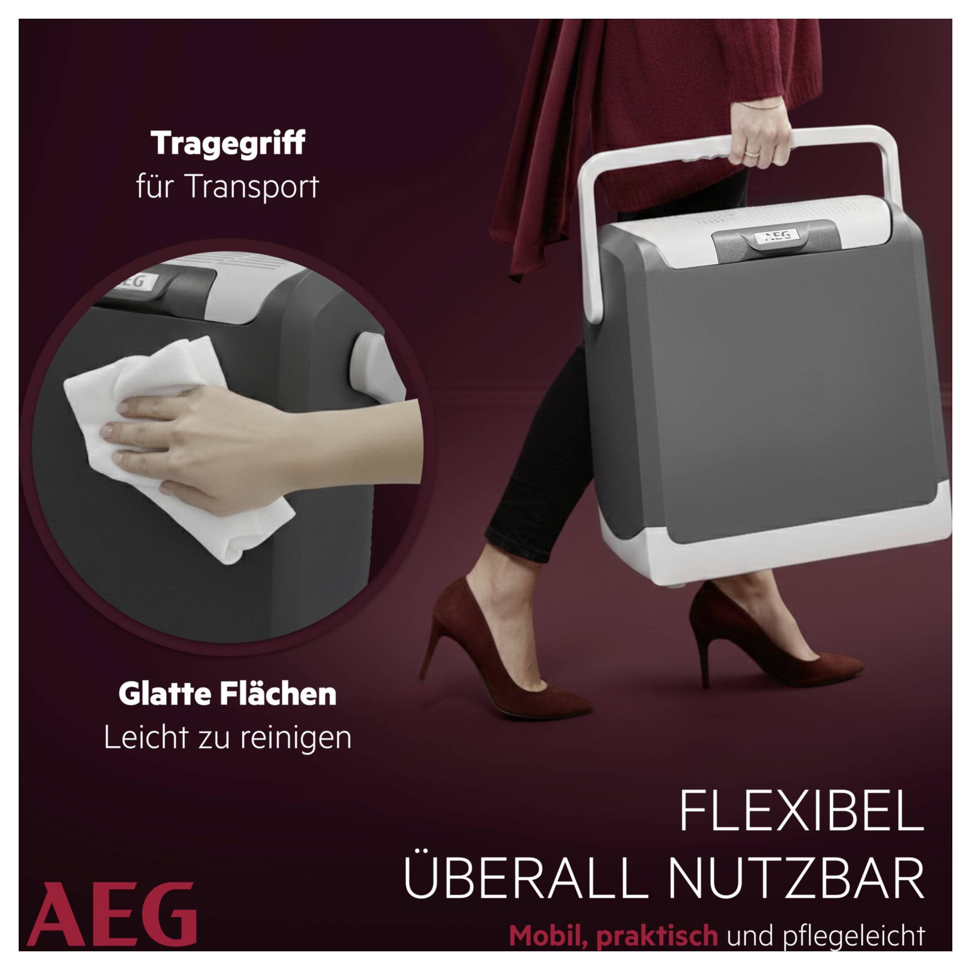Eine Person in roten Absätzen trägt ein tragbares Gerät mit Griff. Die Einblendung zeigt eine Hand, die die glatte Oberfläche des Geräts abwischt, um eine einfache Reinigung zu ermöglichen. Der Text lautet „Flexibel überall nutzbar
