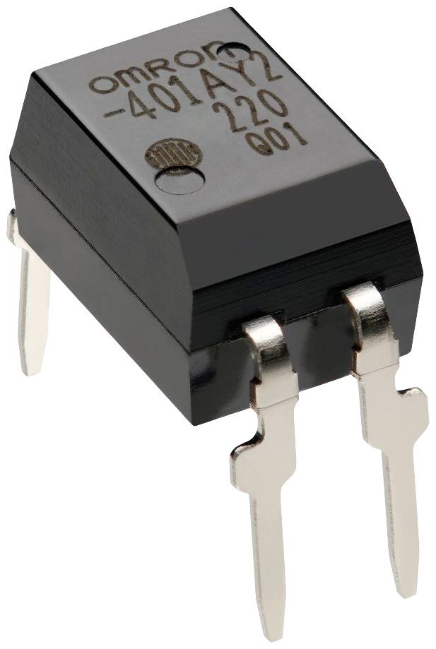 Ein schwarzes elektronisches Relaisbauteil mit vier metallischen Anschlüssen, beschriftet mit 'OMRON' und einer Seriennummer.