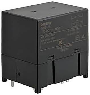Ein schwarzes, rechteckiges Relais mit mehreren Anschlussstiften und Beschriftung auf der Oberfläche. Es wird in elektronischen Schaltungen verwendet.