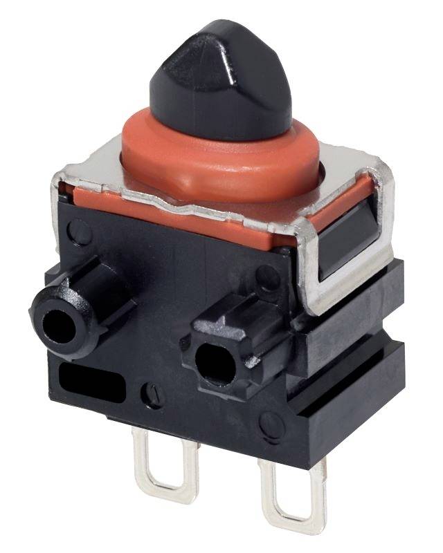 Schwarz-roter, wasserdichter Druckknopf-Schalter mit zwei Anschlüssen. Industrienutzung zur Steuerung von Geräten.