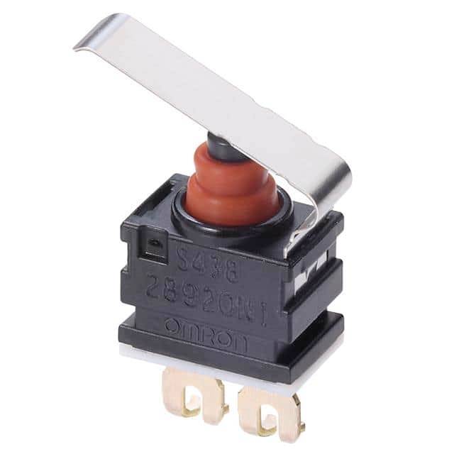 Ein roter Taster mit Metallhebel von Omron. Der Hebel ist in einer aufrechten Position, bereit zur Betätigung.