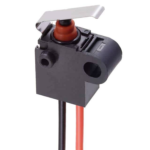 Schwarz-roter Mikroschalter mit Hebel und Kabelanschlüssen, geeignet für elektronische Geräte.