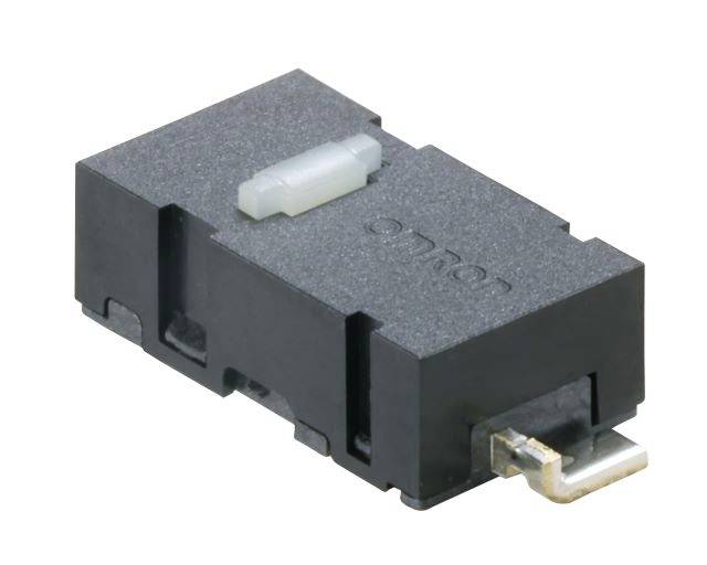 Ein schwarzer Mikroschalter mit einem weißen Schaltknopf. Der Schalter hat seitliche Anschlüsse zur elektrischen Verbindung.
