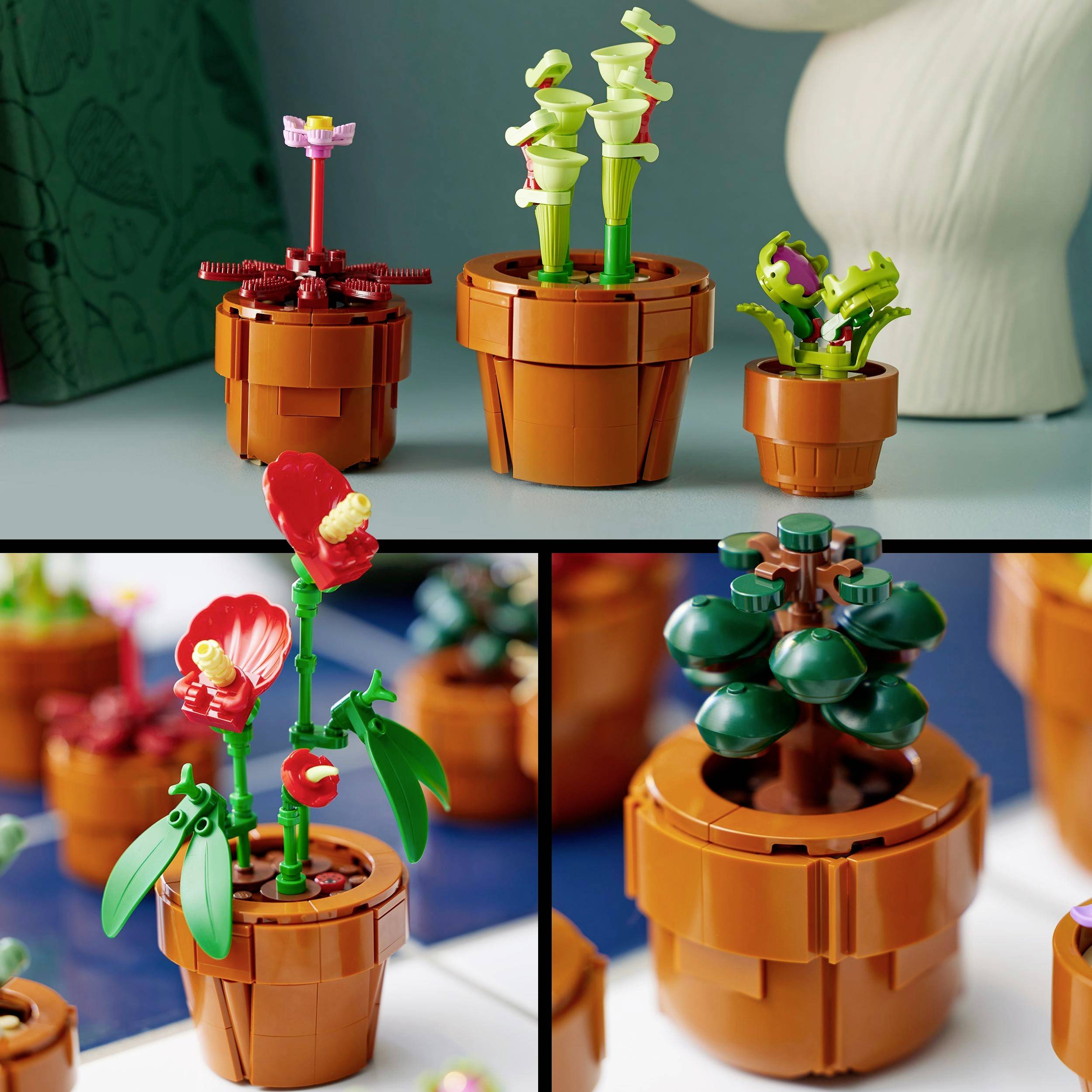 Bunte LEGO-Blumen in Töpfen, arrangiert auf einem Tisch. Jede Blume hat einzigartige Formen und Farben, die Natur nachempfunden sind.