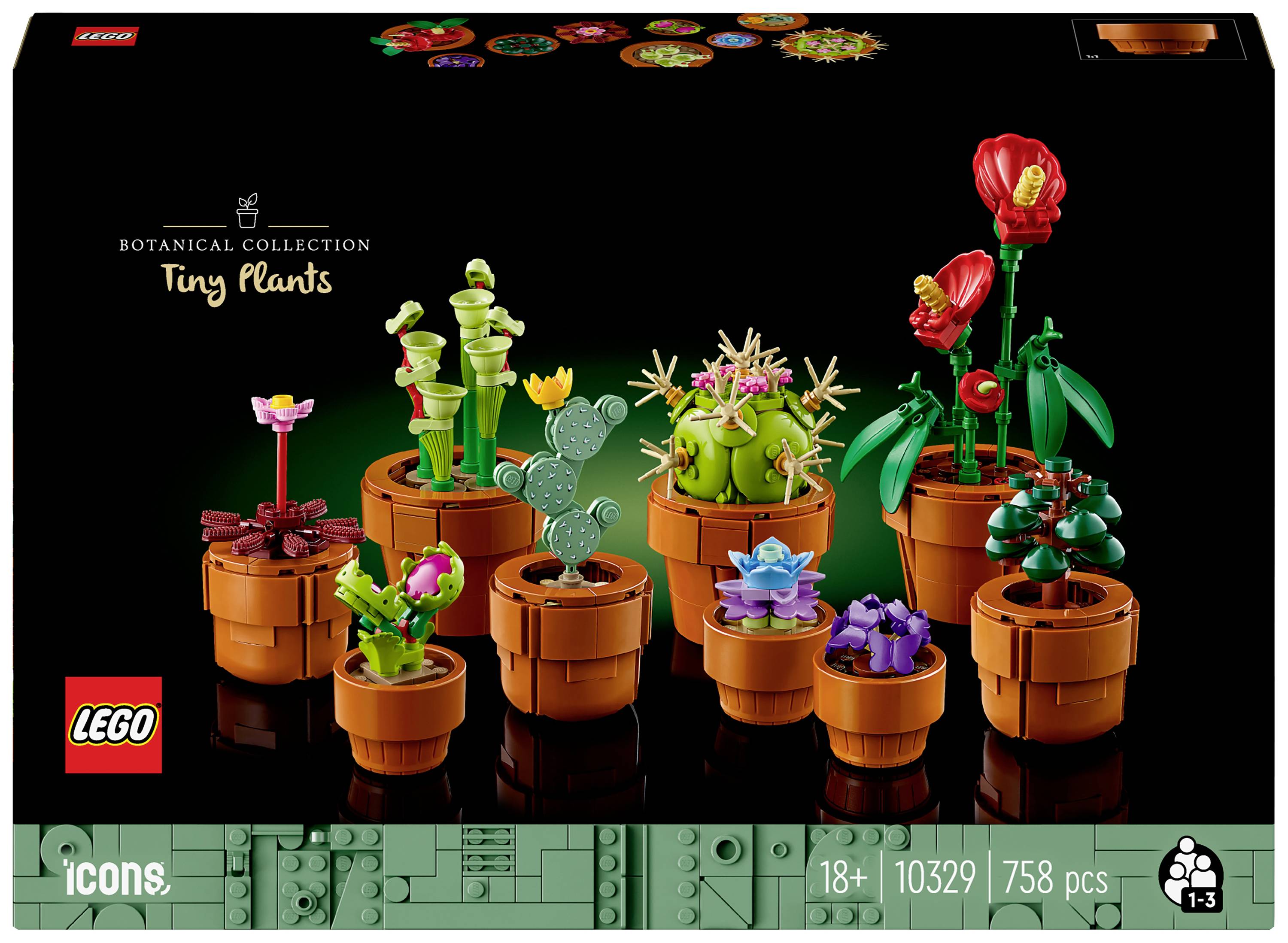 'LEGO Botanical Collection Tiny Plants' Set-Vorderseite zeigt verschiedene kleine Pflanzenmodelle in Töpfen aus Bausteinen.
