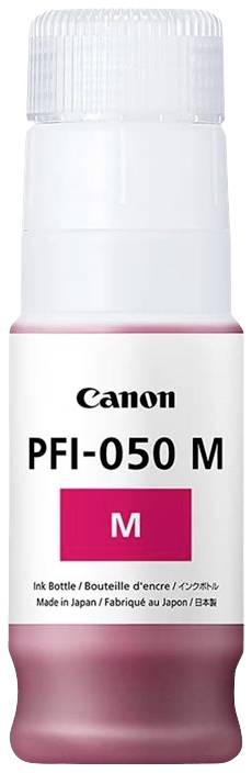 Canon PFI-050 M Tintenflasche, magenta, in durchsichtiger Kunststoffflasche mit Etikett. Hergestellt in Japan.