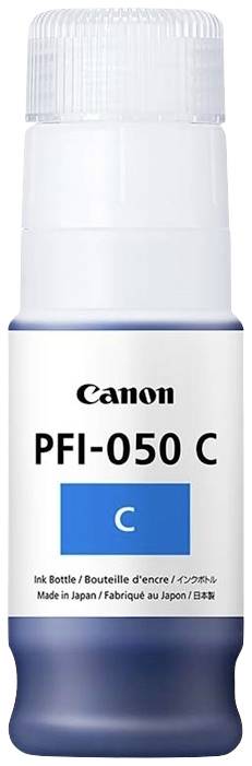 Die Abbildung zeigt eine Canon Tintenflasche, Modell PFI-050 C, mit blauer Tinte. Die Aufschrift: 'Ink Bottle', 'Made in Japan'.