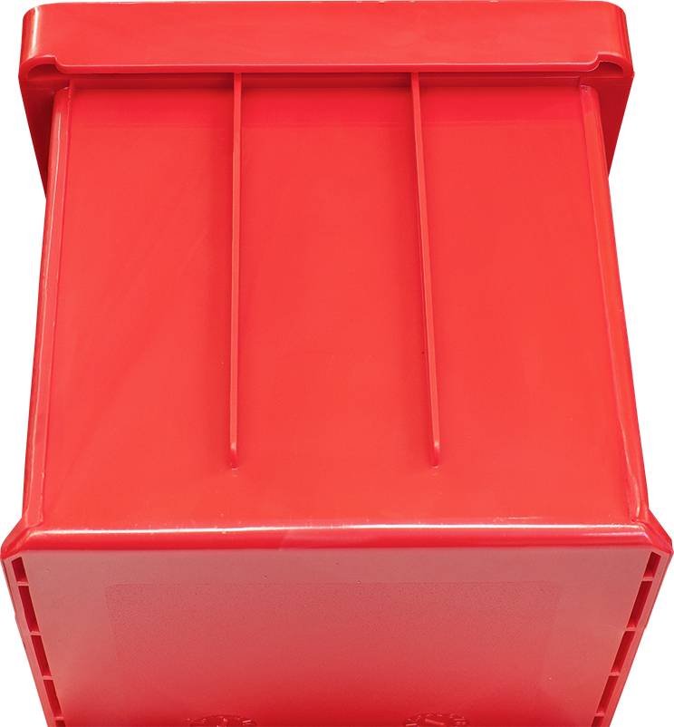 Rote Plastikbox mit geschlossenem Deckel, rechteckige Form, ideal für Lagerung oder Transport von Gegenständen.