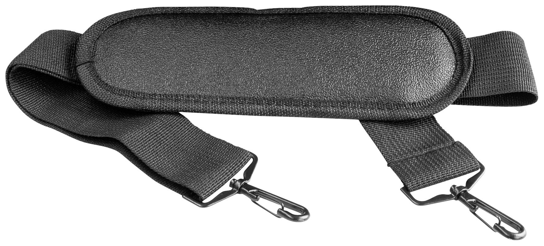 Schwarzer gepolsterter Schultergurt mit Karabinerhaken an beiden Enden, geeignet für Taschen oder Rucksäcke.