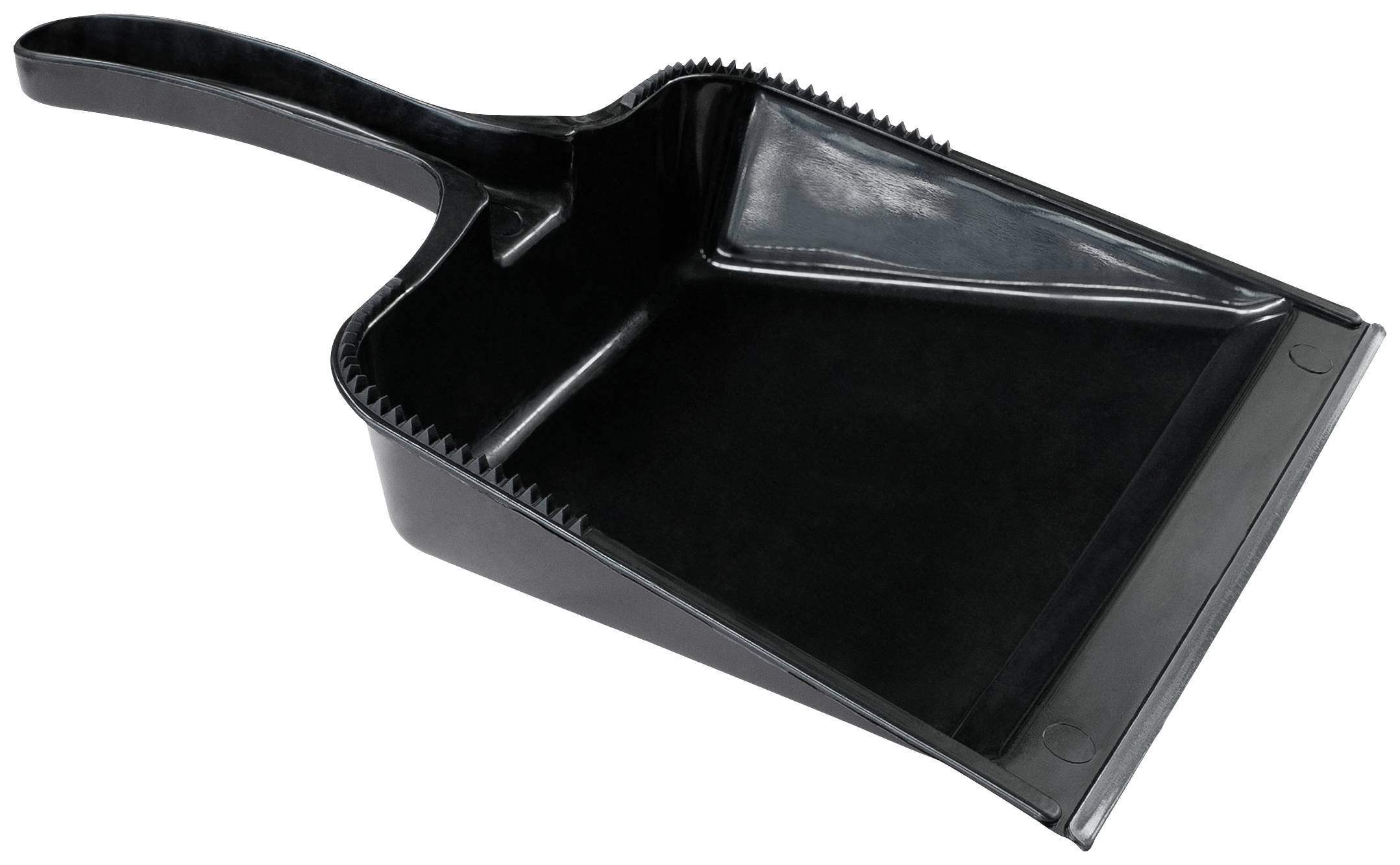 Schwarze Kunststoff-Kehrschaufel mit langem Griff, geeignet für das Aufnehmen von Schmutz und Abfällen.