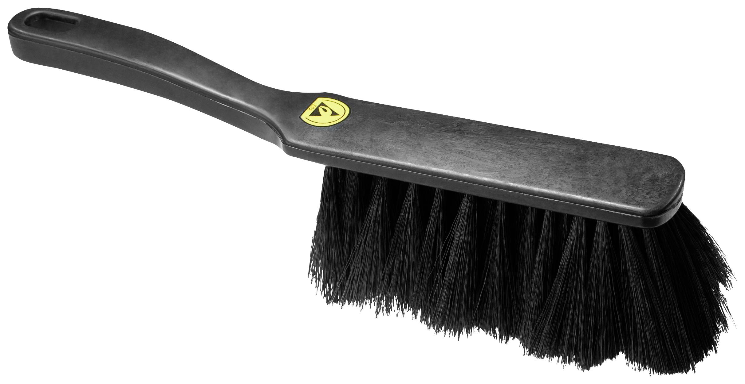 Eine schwarze Handfegerbürste mit Plastikgriff, Borsten und einem kleinen gelben Logo. Geeignet für das Entfernen von Staub und Schmutz.