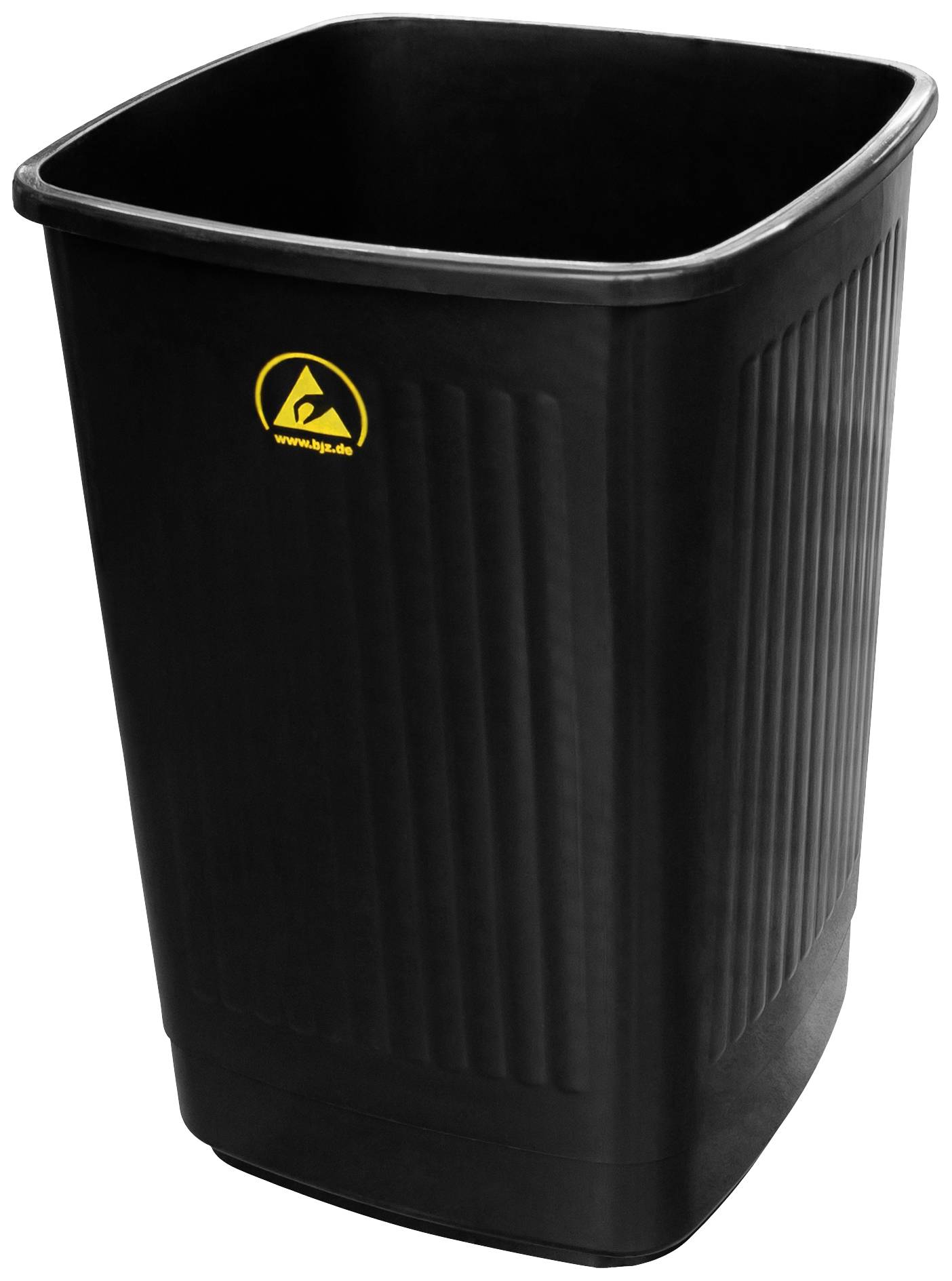 Schwarzer, rechteckiger Mülleimer mit gelbem Recycling-Symbol auf der Vorderseite.