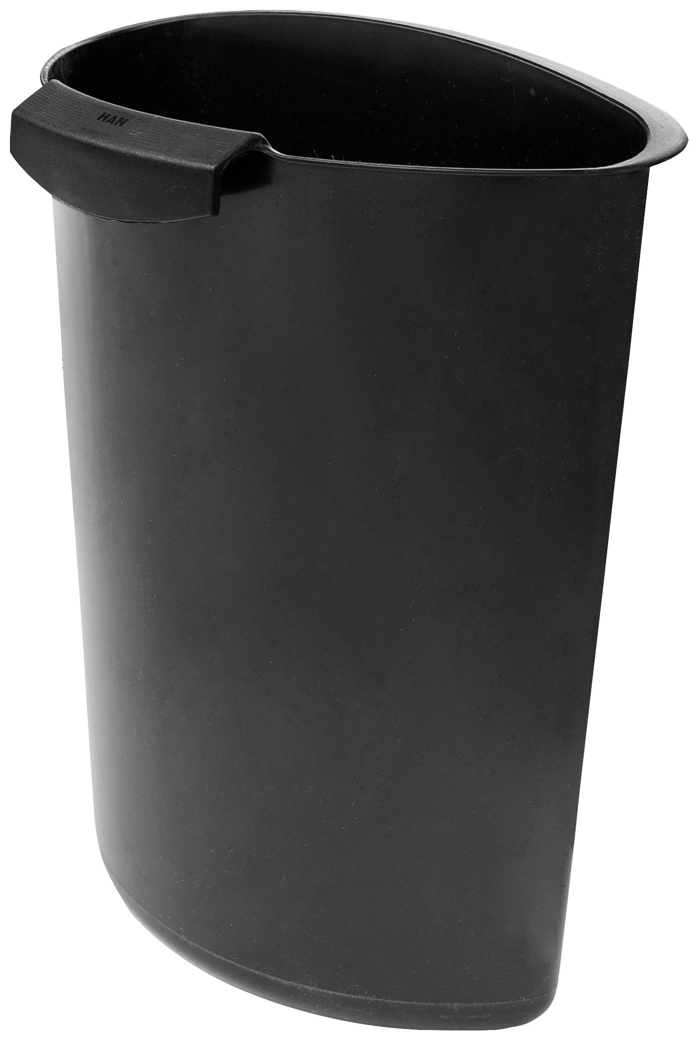 Ein schwarzer, hoher Mülleimer mit ovaler Form und einem schmalen Griff oben links, ohne sichtbare Beschriftung oder Dekoration.
