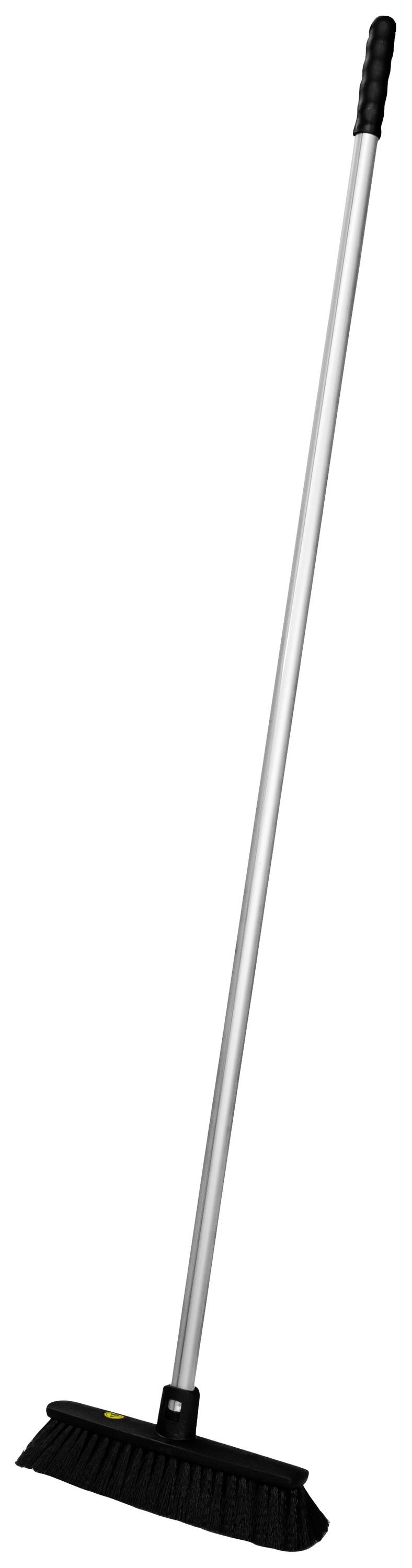 Ein Besen mit langem Metallstiel und schwarzem Bürstenkopf, geeignet zum Kehren von Böden.