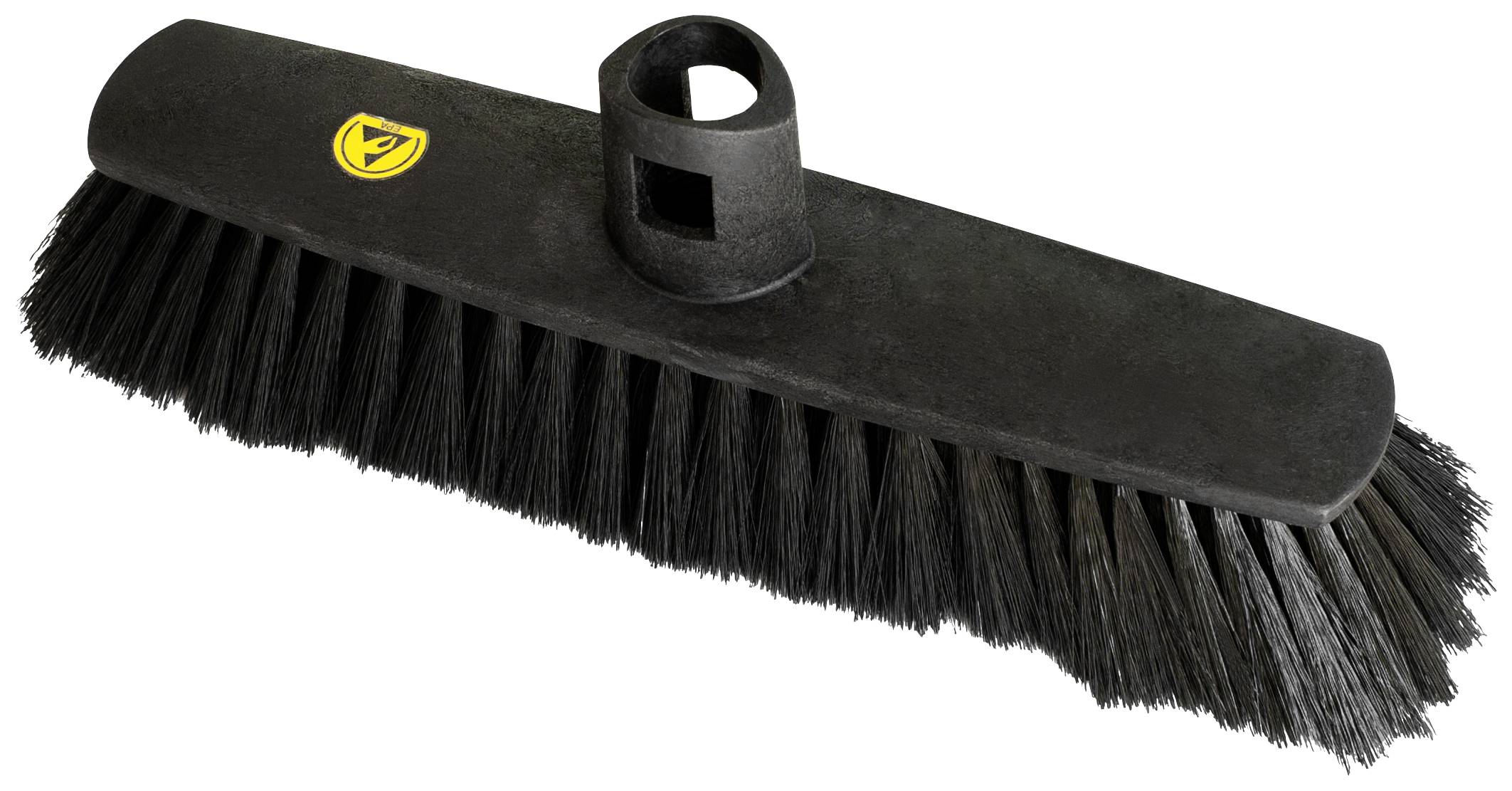 Schwarzer Besen mit dicht angeordneten Borsten und gelbem Logo, geeignet für grobe Reinigungsarbeiten auf unterschiedlichen Untergründen.