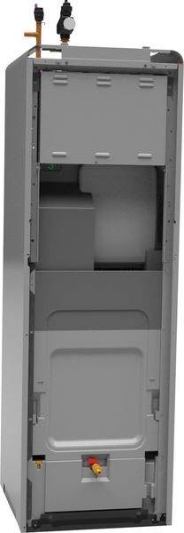 Ein moderner, freistehender Metallkessel. Oben sind Rohranschlüsse und Anzeigen sichtbar. Der Kessel ist in Grau gehalten.