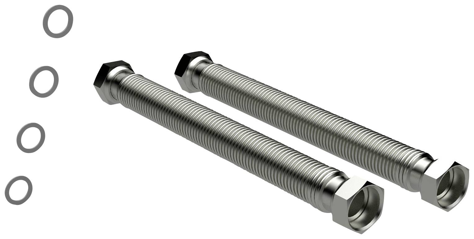Zwei flexible Metallschläuche mit Sechskantverschraubungen, vertikal angeordnet, neben vier Dichtungsringen auf weißem Hintergrund.
