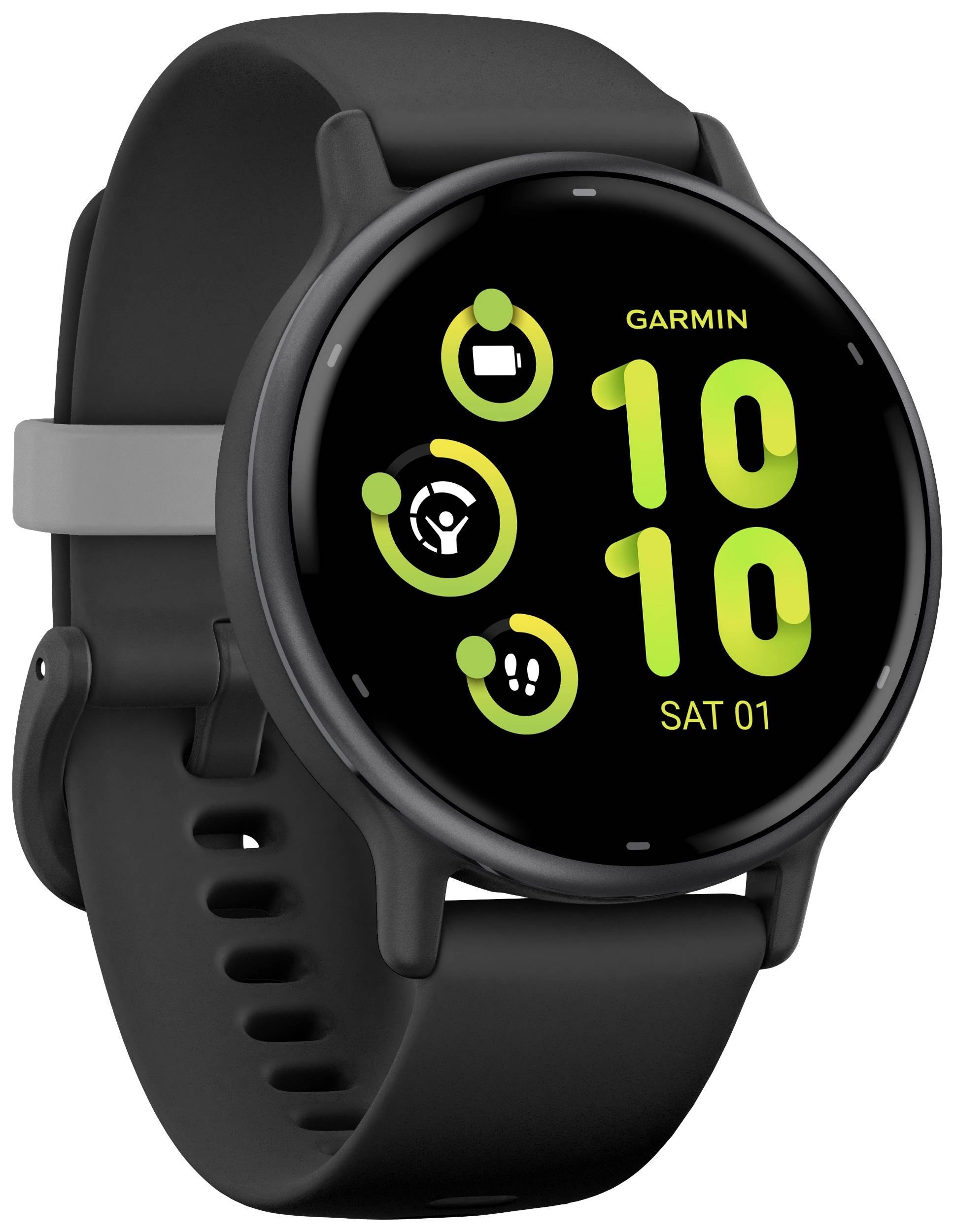 Schwarze Smartwatch mit kreisförmigem Display. Zeigt Uhrzeit '10:10' und Datum 'SAM 01'. Drei Piktogramme für Apps und Funktionen.