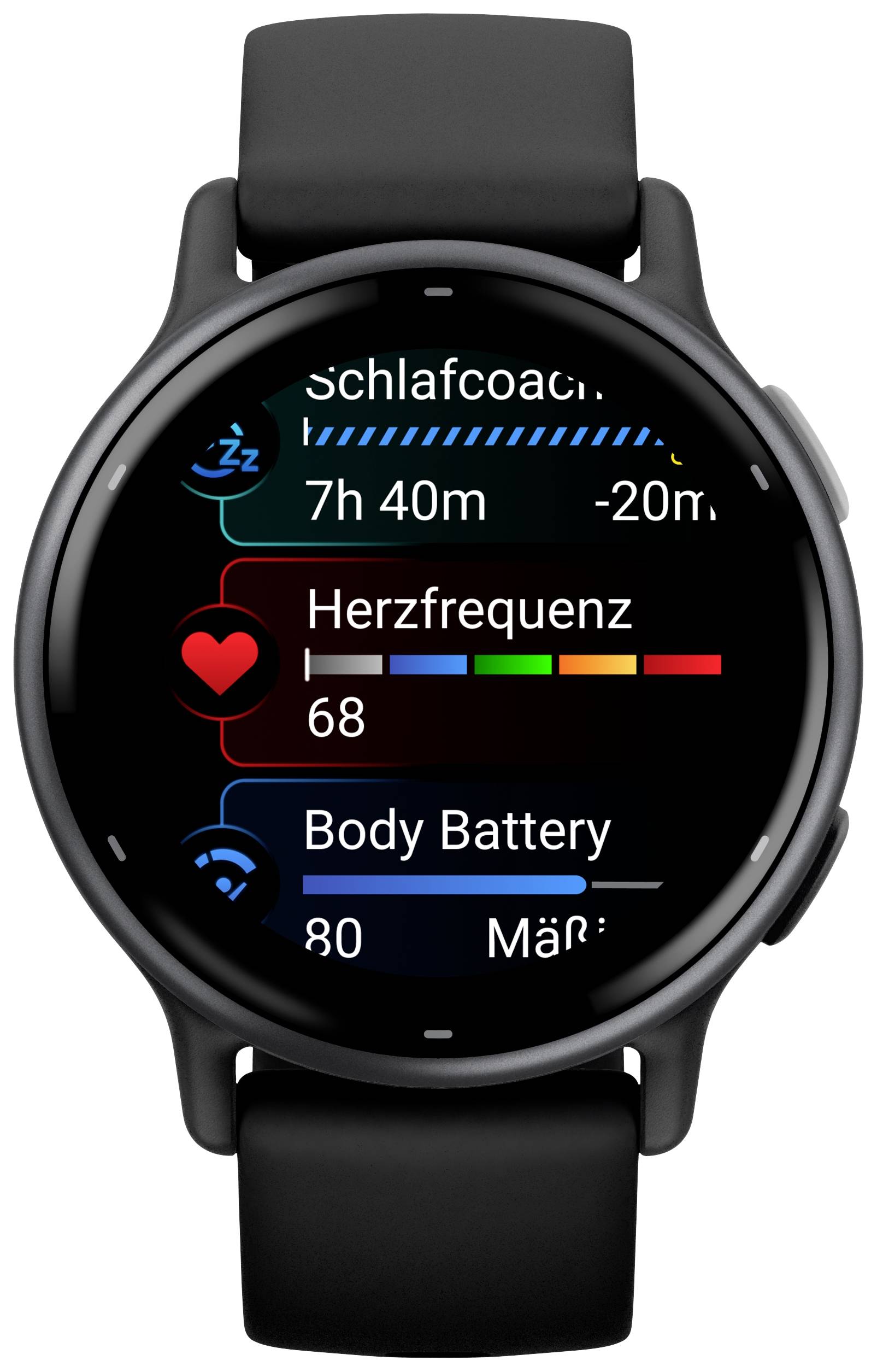 Smartwatch-Bildschirm zeigt: 'Schlafcoaching' mit 7h 40m, 'Herzfrequenz' bei 68, 'Body Battery' bei 80. Dunkles Hintergrunddesign.
