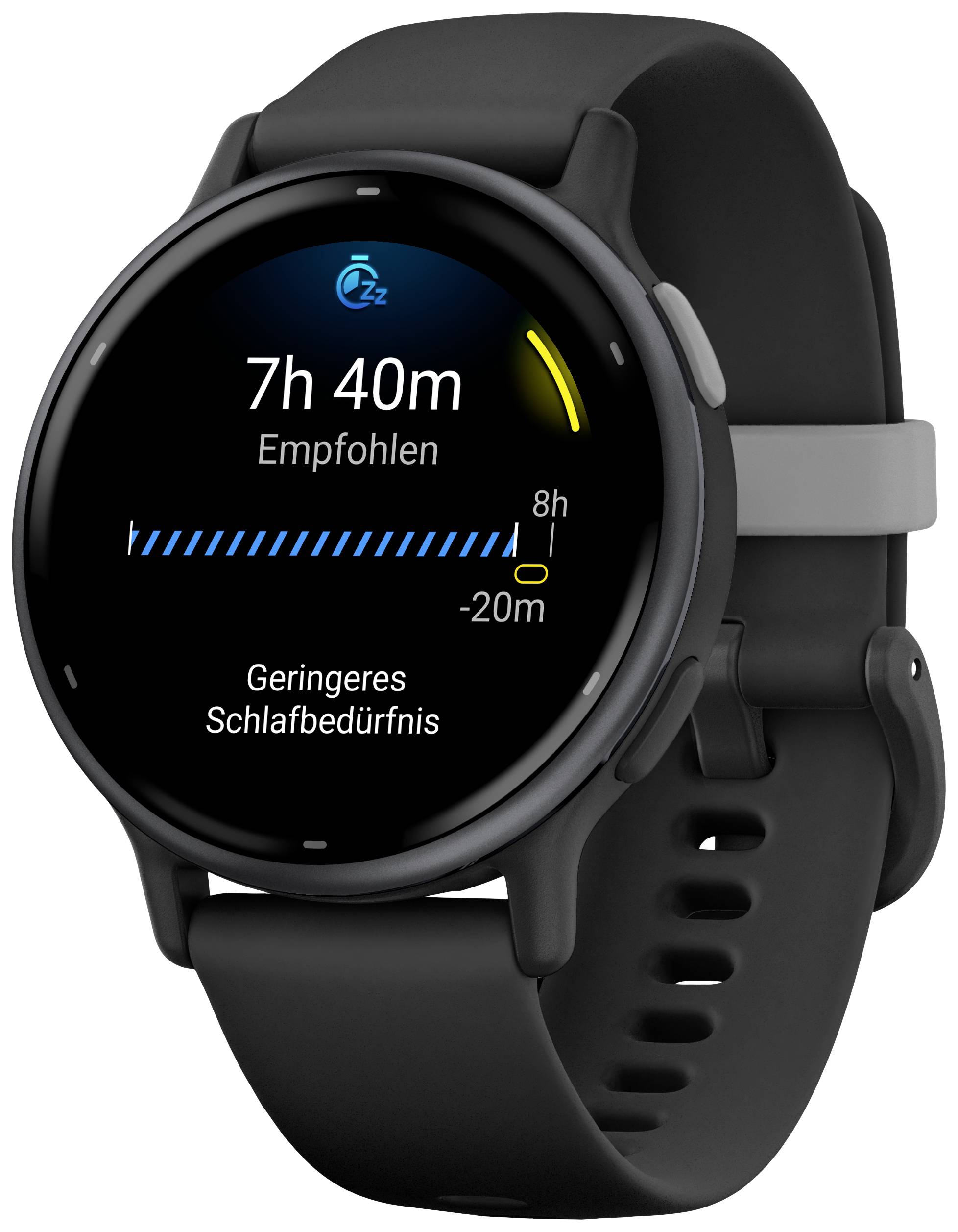 Eine schwarze Smartwatch zeigt eine Schlafempfehlung von '7h 40m' und aktuelle Schlafdaten mit einem blauen Fortschrittsbalken an.