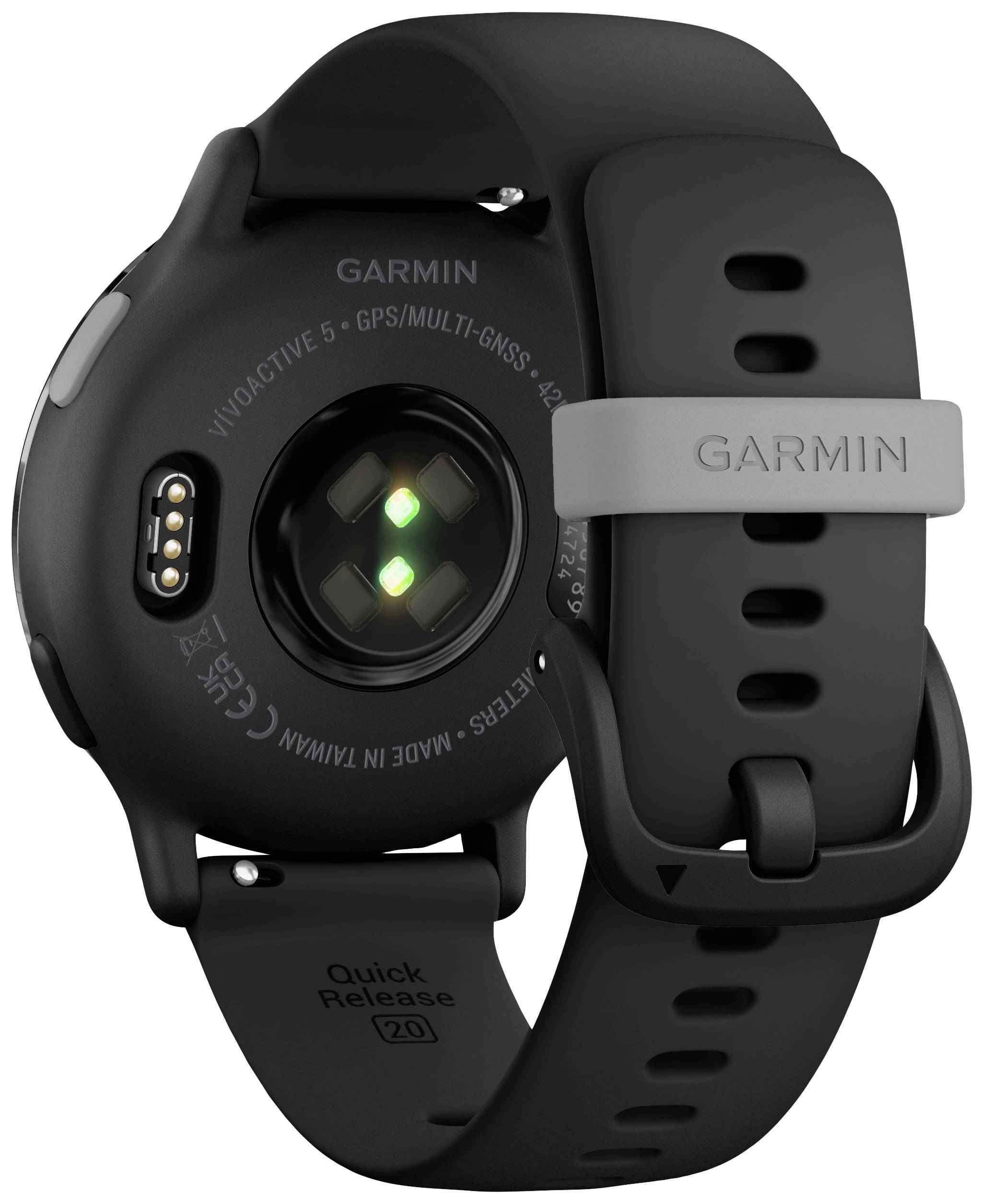 Rückseite einer schwarzen Smartwatch mit grüner Leuchtdiode und Garmin-Logo auf dem Armband.