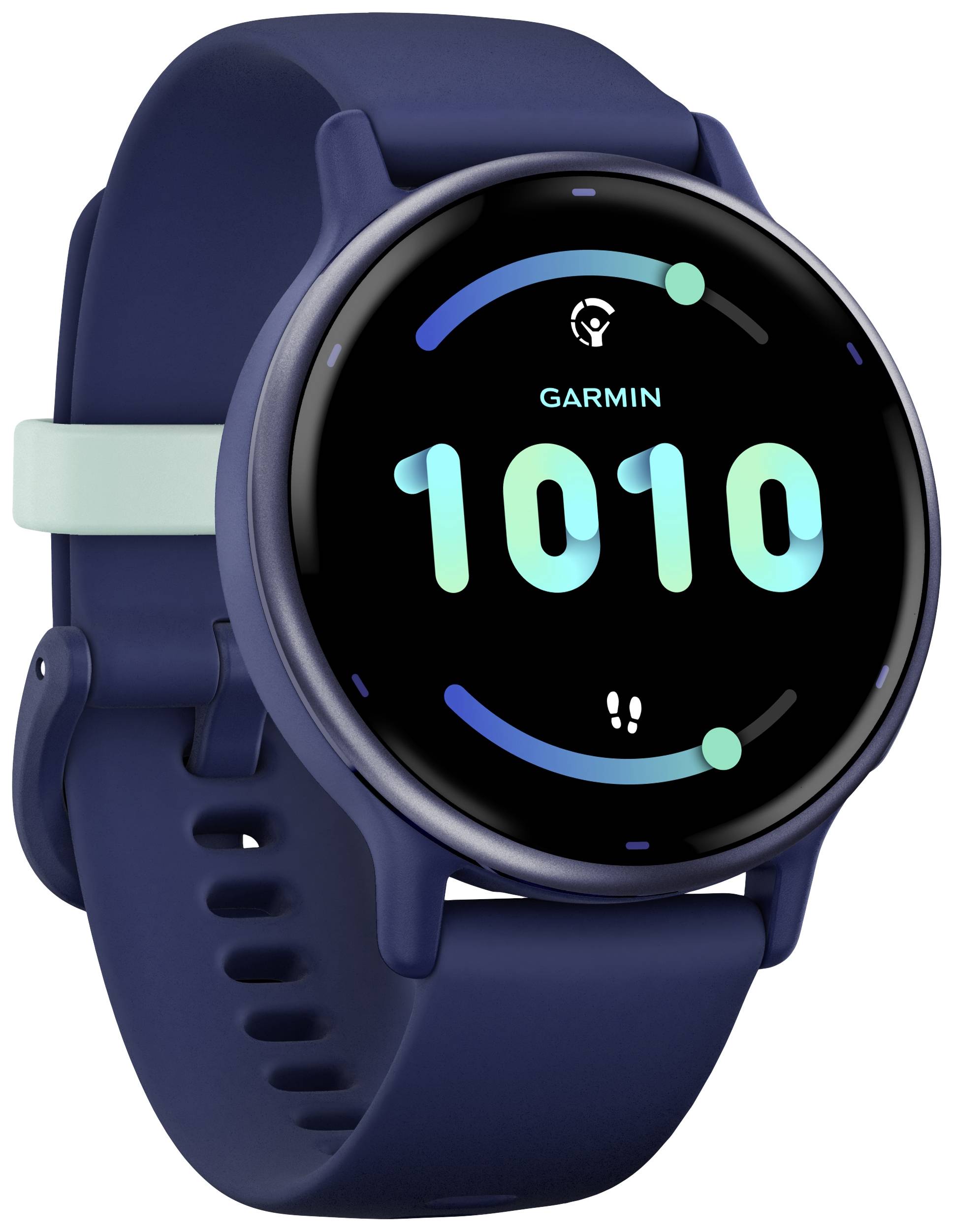 Smartwatch mit blauem Armband, zeigt die Uhrzeit 10:10 und das Logo der Marke Garmin auf dem runden Zifferblatt an.