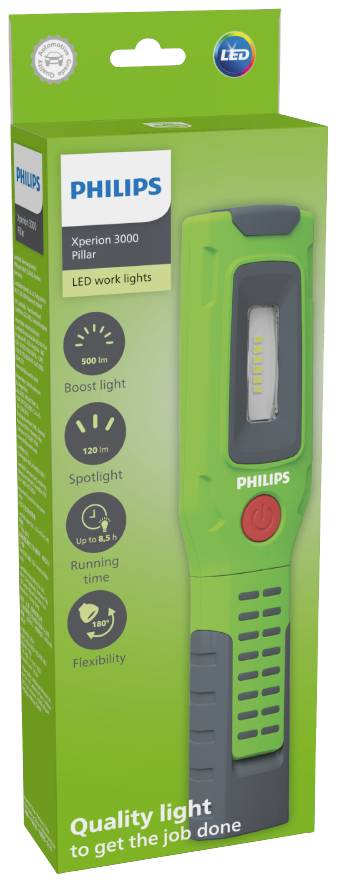 Grüne Philips LED-Arbeitsleuchten-Verpackung 'Xperion 3000 Pillar' mit Infos zu Lichtstärke, Strahlweite, Laufzeit und Flexibilität.
