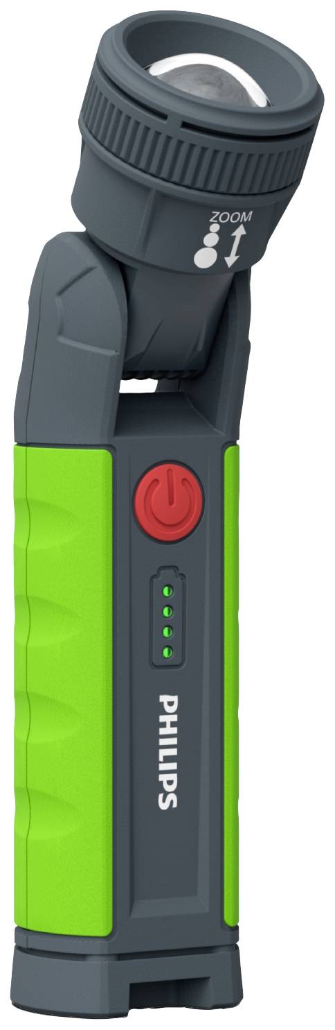 Batteriebetriebene Taschenlampe von Philips mit grünem Griff und drehbarem Kopf. Verfügt über einen roten Einschaltknopf und Batterieanzeige.