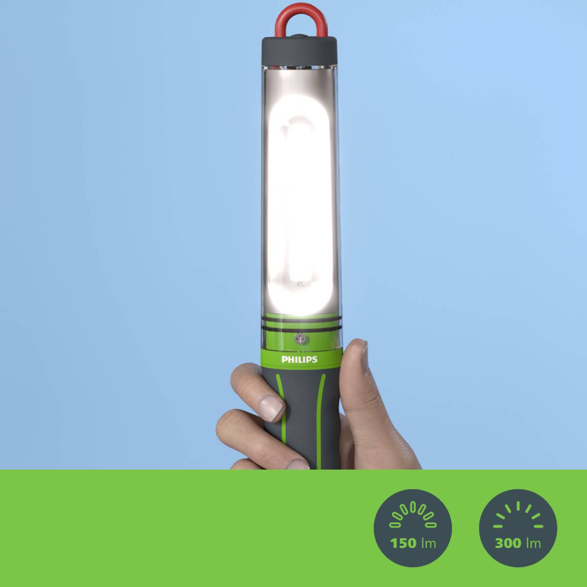 Eine Hand hält eine grüne Taschenlampe der Marke Philips. Unten sind zwei Symbole für Helligkeit: 150 Lumen und 300 Lumen.