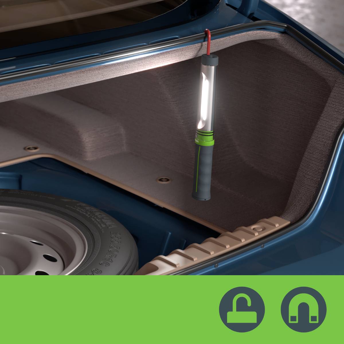 Eine leuchtende Taschenlampe hängt im geöffneten Kofferraum eines Autos. Im Hintergrund befinden sich Symbolbilder für Schloss und Aufladen.