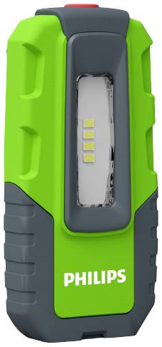 Kompakte grüne LED-Taschenlampe mit grauem Griff und 'PHILIPS'-Logo. Ideal für tragbare Beleuchtung.