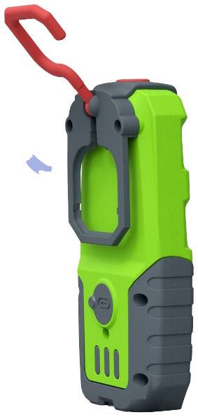 Ein grünes, tragbares Gerät mit grauen und roten Akzenten. Es hat Haken oben und Knöpfe an der Seite für Bedienung und Aufhängung.